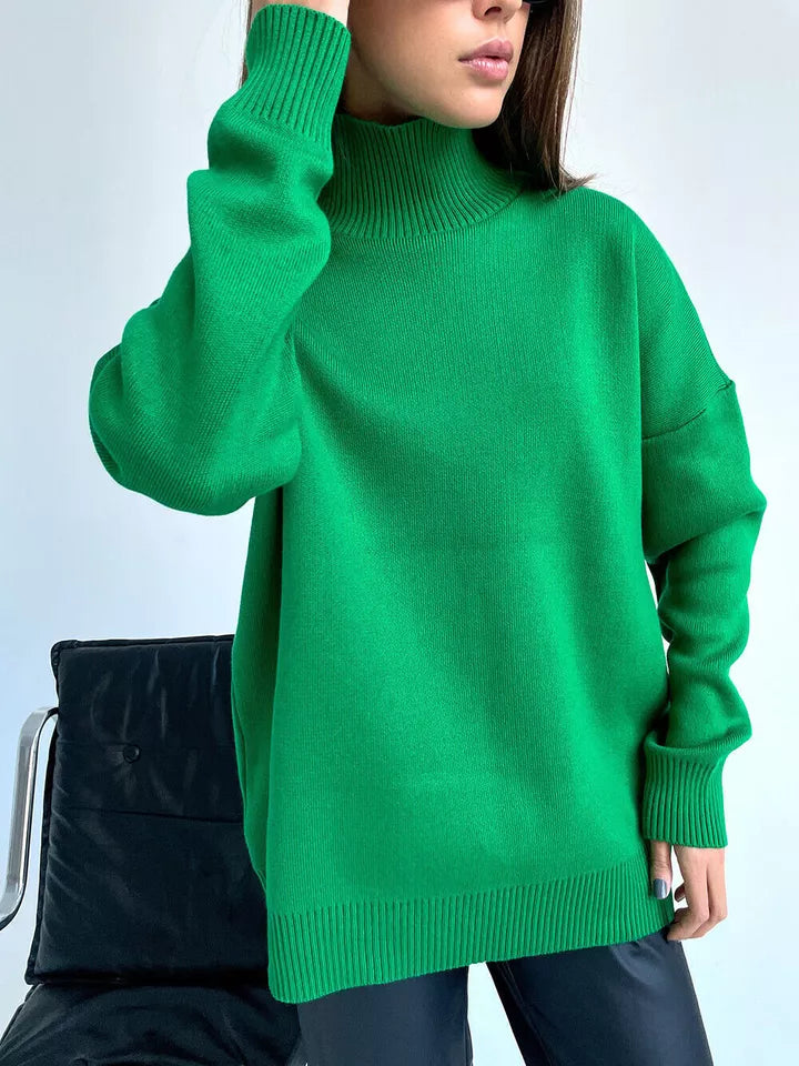 – Oversized, loose-fitting turtleneck sweater