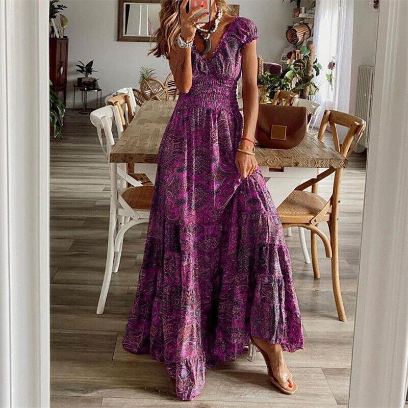 Valenzora | Waist-Crinkling Long Dress in Bohemian Style