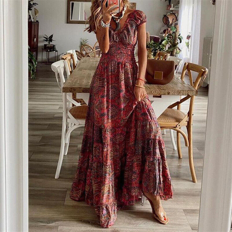 Valenzora | Waist-Crinkling Long Dress in Bohemian Style