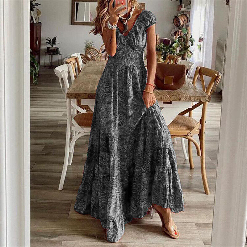 Valenzora | Waist-Crinkling Long Dress in Bohemian Style