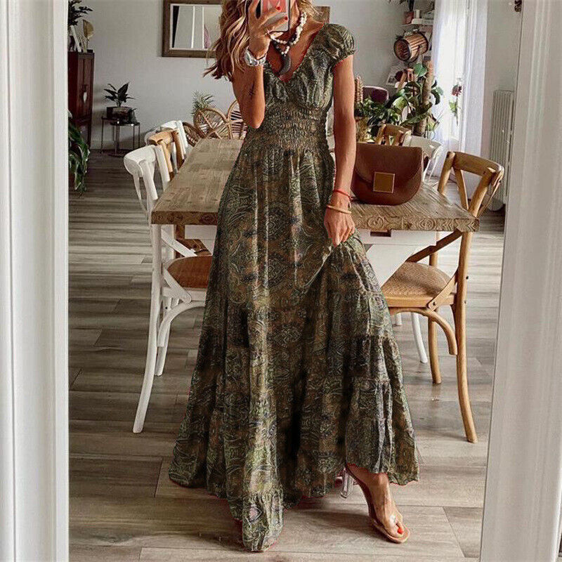 Valenzora | Waist-Crinkling Long Dress in Bohemian Style