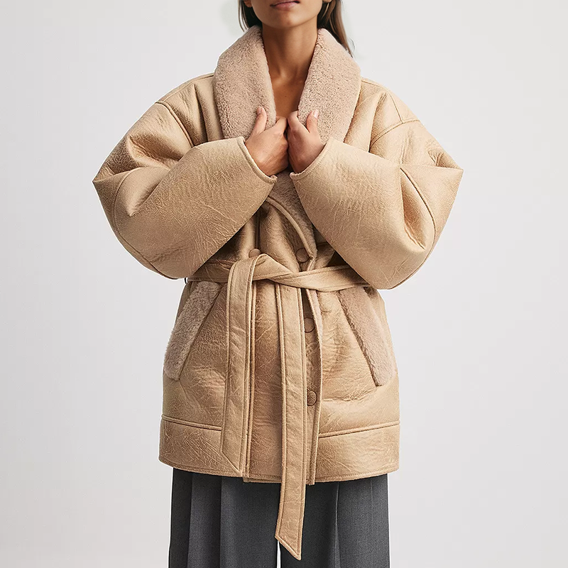 Valenzora | Sherpa-lined faux leather jacket with belt