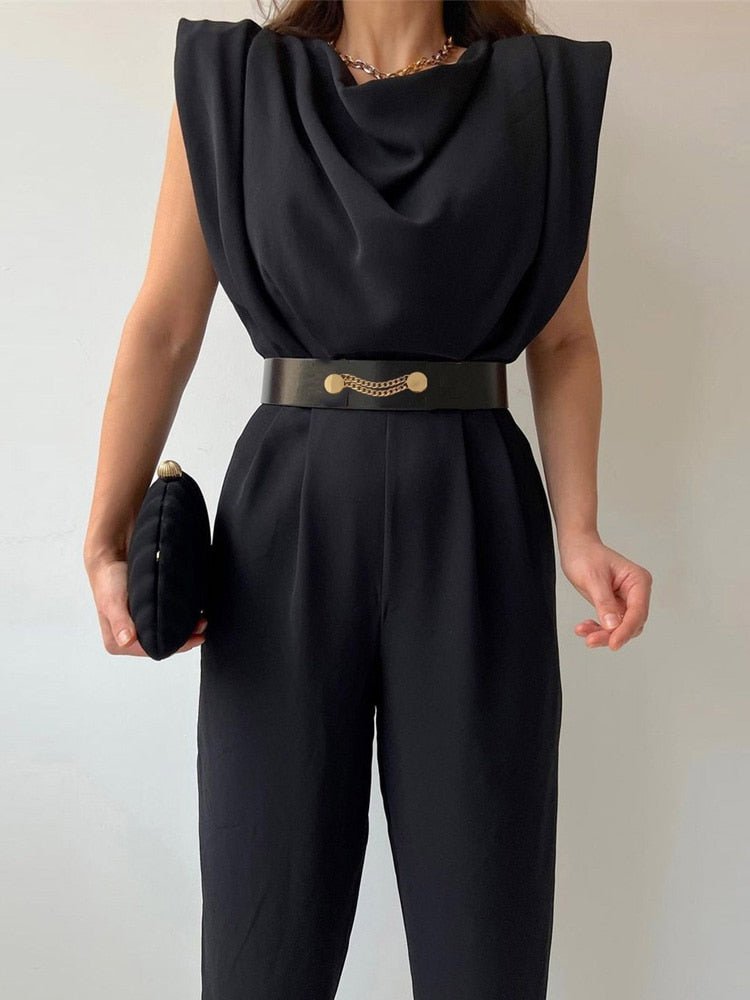 Valenzora | Casual sleeveless jumpsuit with V-neck, waist belt and slim fit