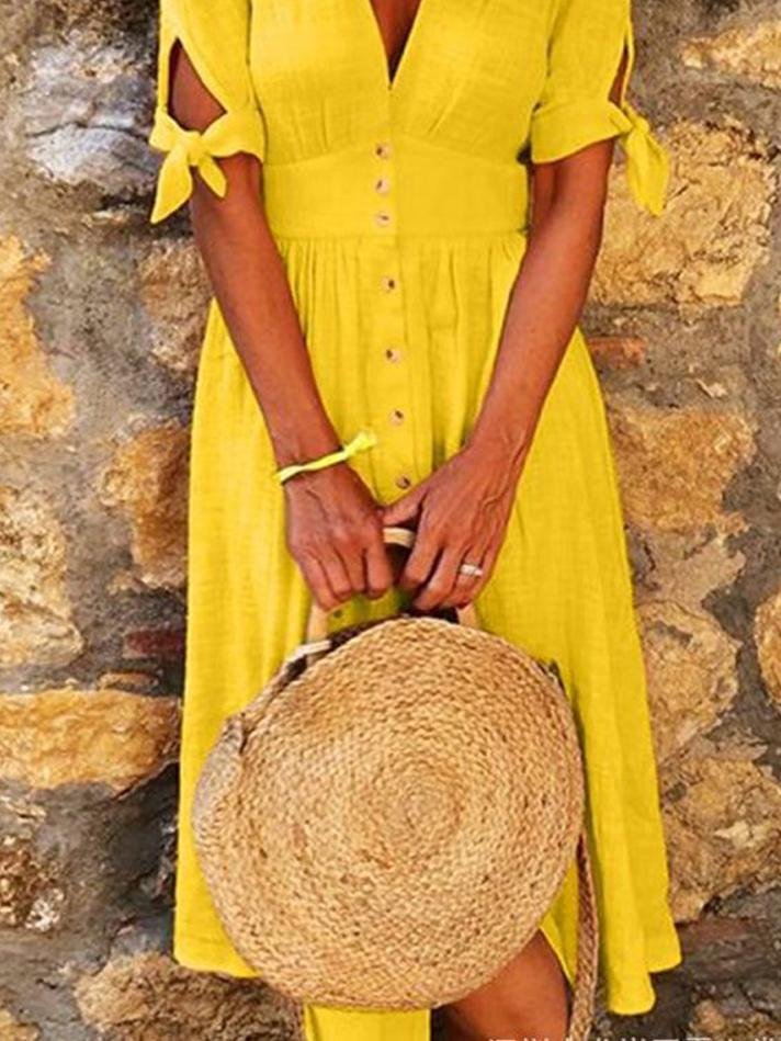 Valenzora | Einfarbiges Freizeitkleid mit V-Ausschnitt, Band und halbem Arm