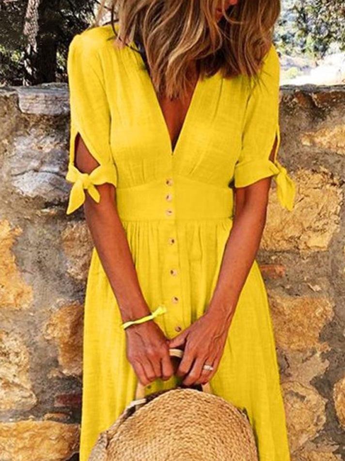 Valenzora | Einfarbiges Freizeitkleid mit V-Ausschnitt, Band und halbem Arm