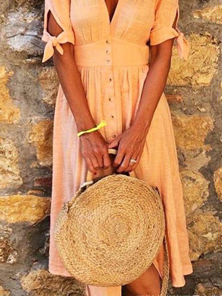 Valenzora | Einfarbiges Freizeitkleid mit V-Ausschnitt, Band und halbem Arm