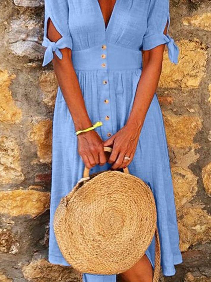 Valenzora | Einfarbiges Freizeitkleid mit V-Ausschnitt, Band und halbem Arm
