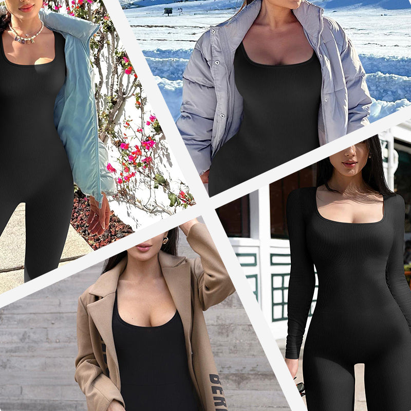 Amari – Langärmeliger Damen-Jumpsuit mit eckigem Ausschnitt und weitem Bein