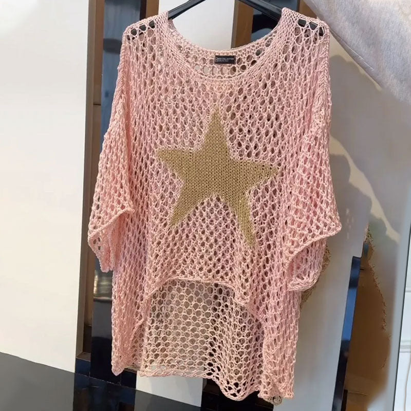 Valenzora | Women's fashion round neck crochet knit mesh top