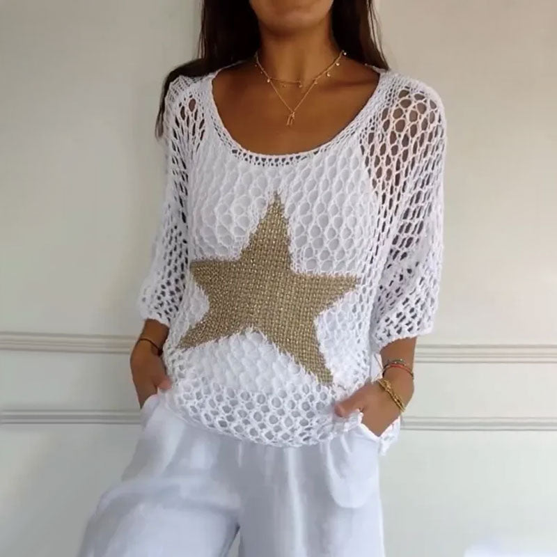 Valenzora | Women's fashion round neck crochet knit mesh top