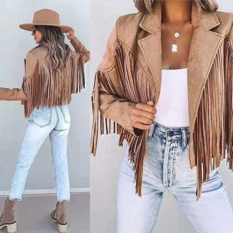 Suede jacket for women with tassel trim