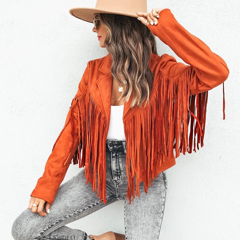 Suede jacket for women with tassel trim