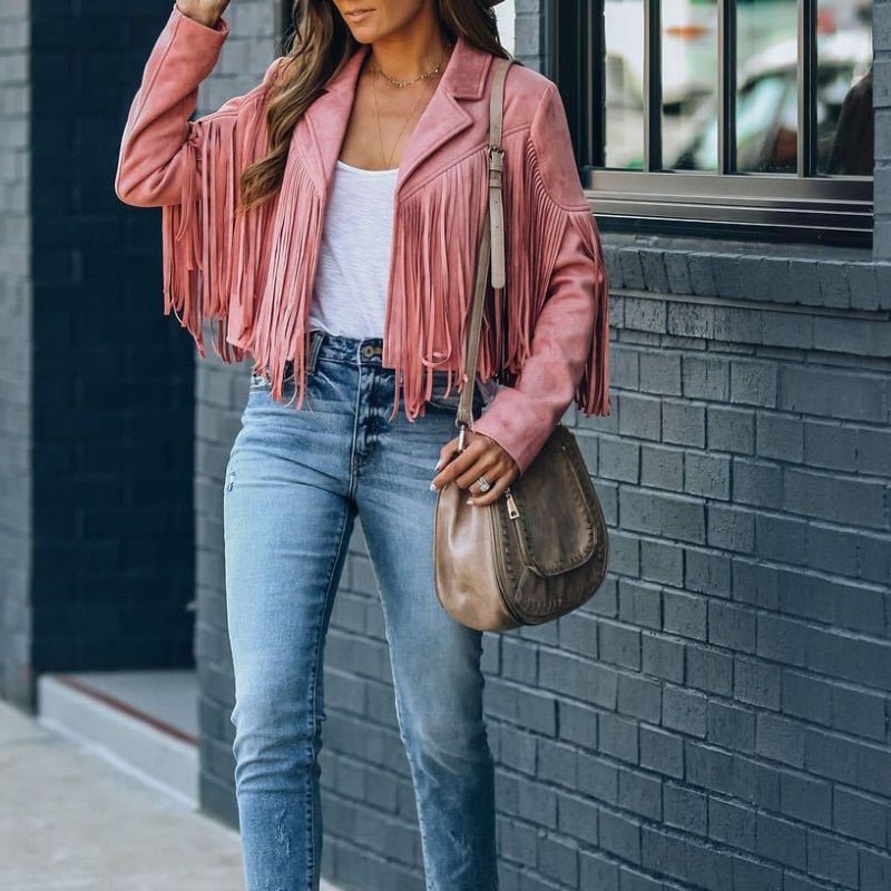 Suede jacket for women with tassel trim