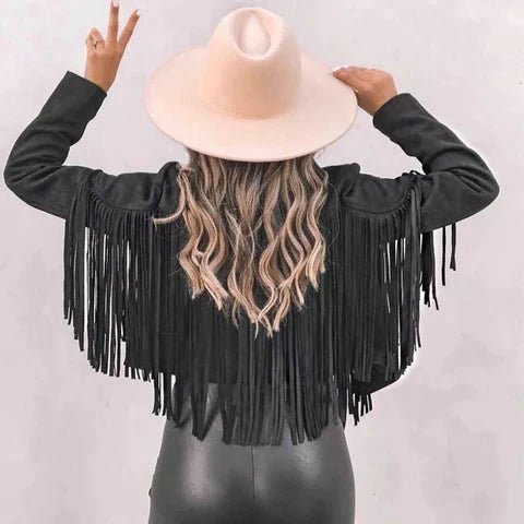 Suede jacket for women with tassel trim