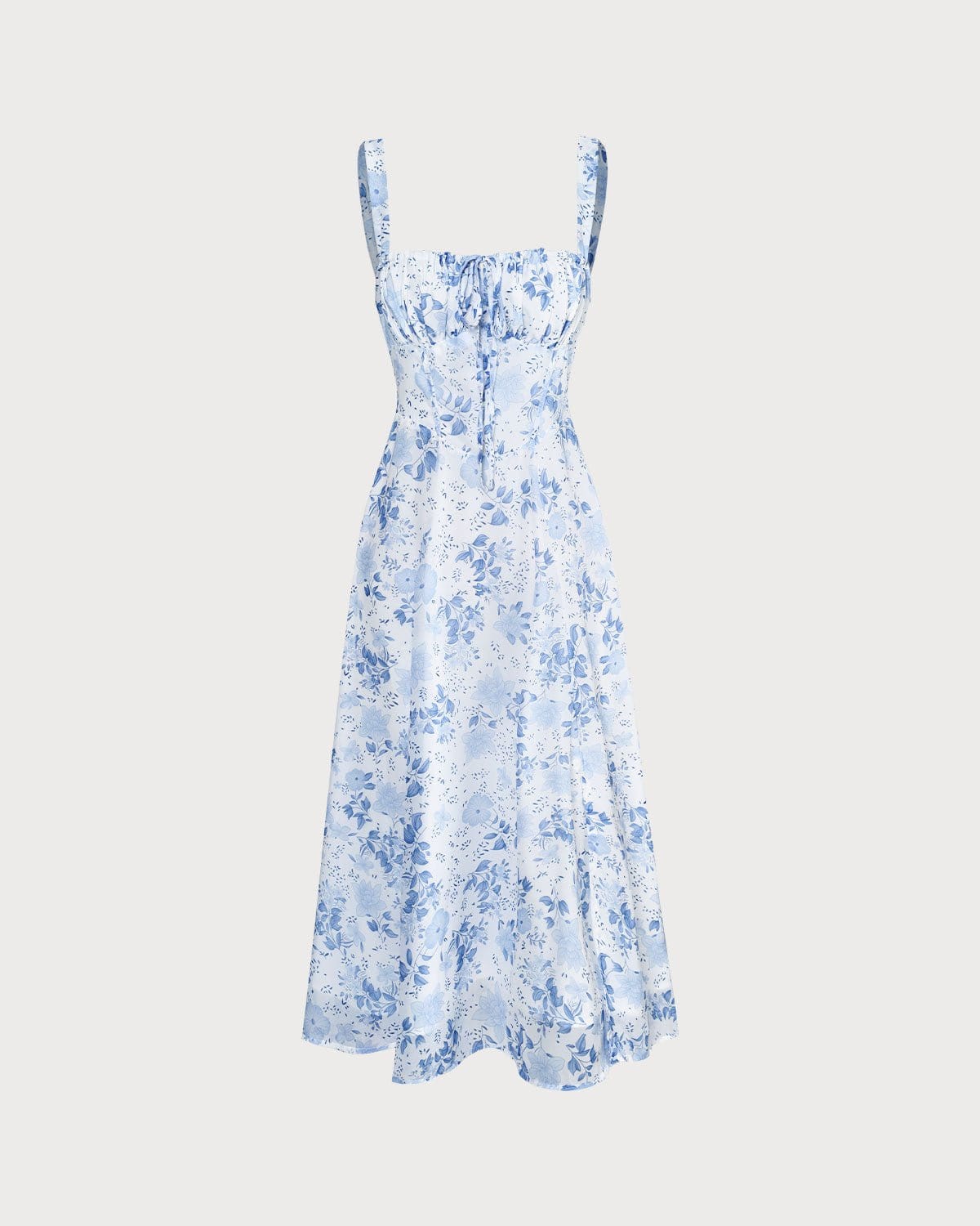 Blue midi dress with floral pattern and square neckline