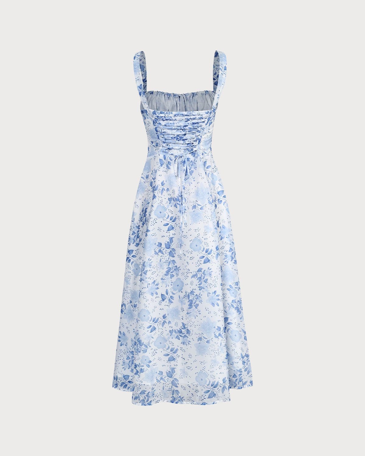 Blue midi dress with floral pattern and square neckline