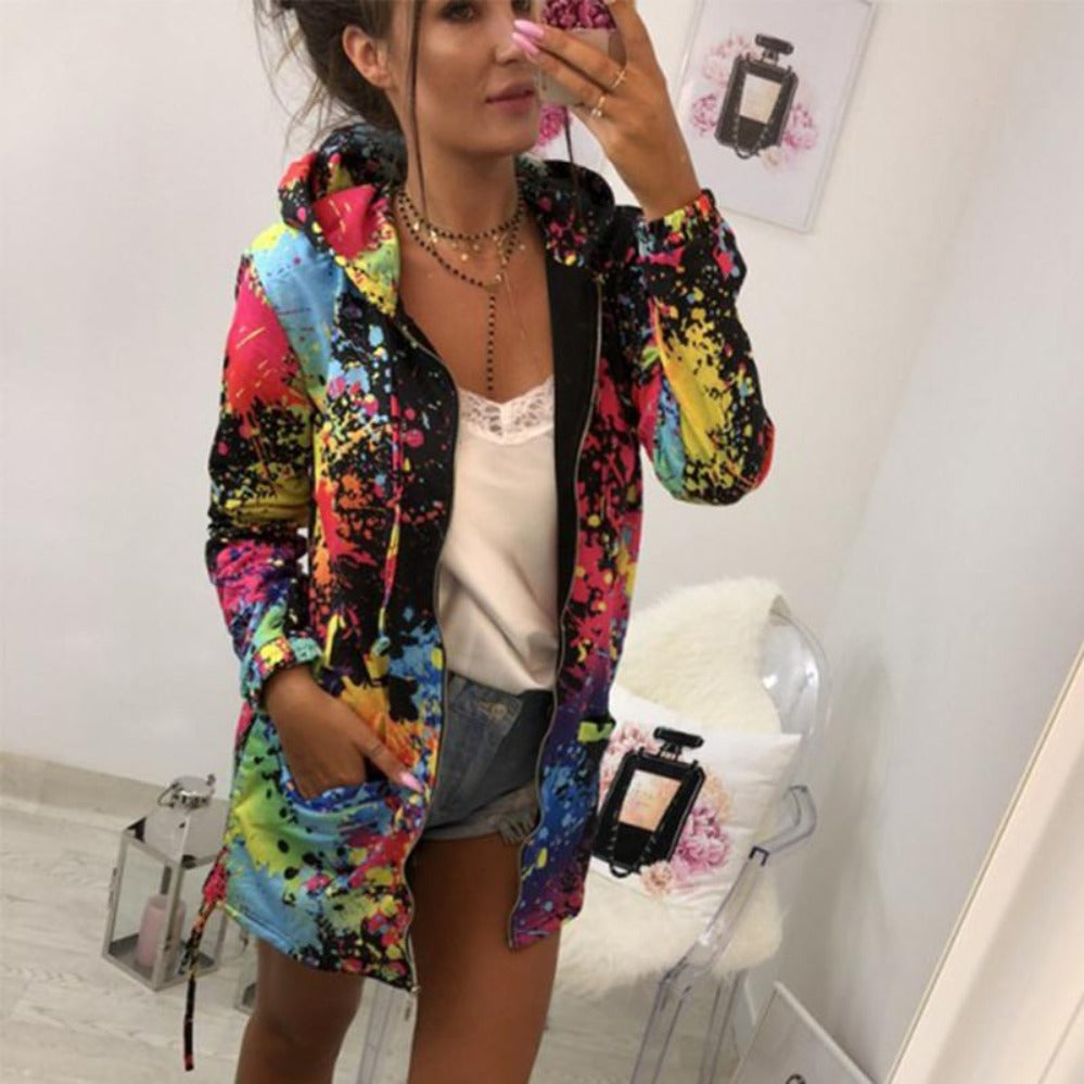 Valenzora | Thin multi-colored hooded jacket with zipper and pockets, long jacket