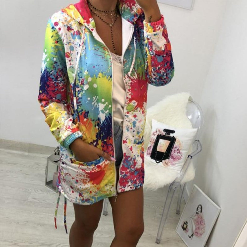 Valenzora | Thin multi-colored hooded jacket with zipper and pockets, long jacket