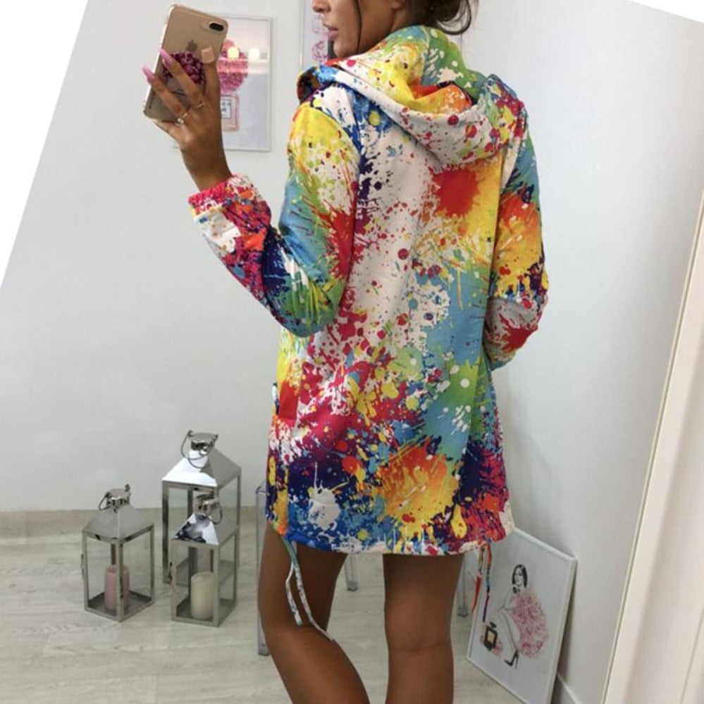 Valenzora | Thin multi-colored hooded jacket with zipper and pockets, long jacket