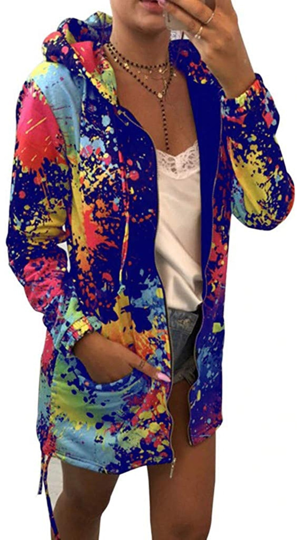 Valenzora | Thin multi-colored hooded jacket with zipper and pockets, long jacket