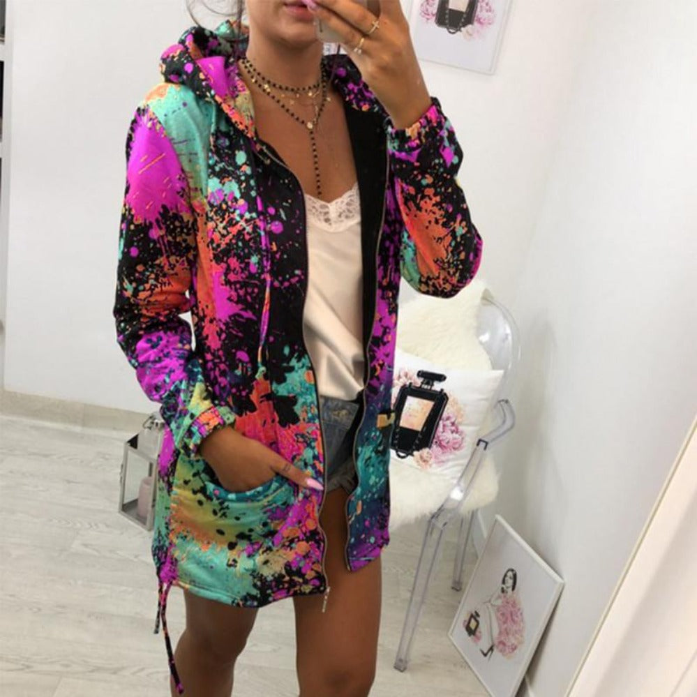 Valenzora | Thin multi-colored hooded jacket with zipper and pockets, long jacket