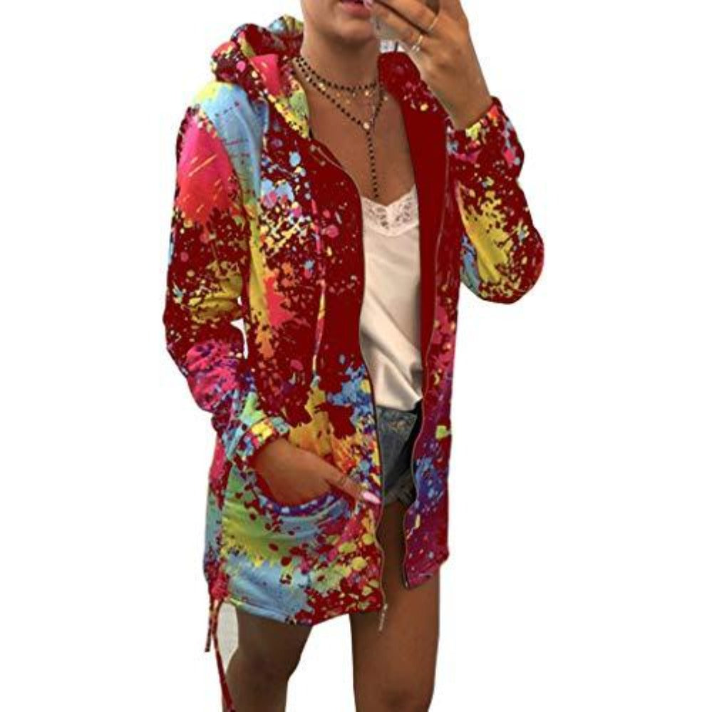 Valenzora | Thin multi-colored hooded jacket with zipper and pockets, long jacket