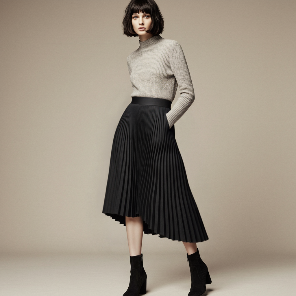 Valenzora Designer Women's Elegant Chic Solid Pleated Skirt High Waist Luxury Fashion