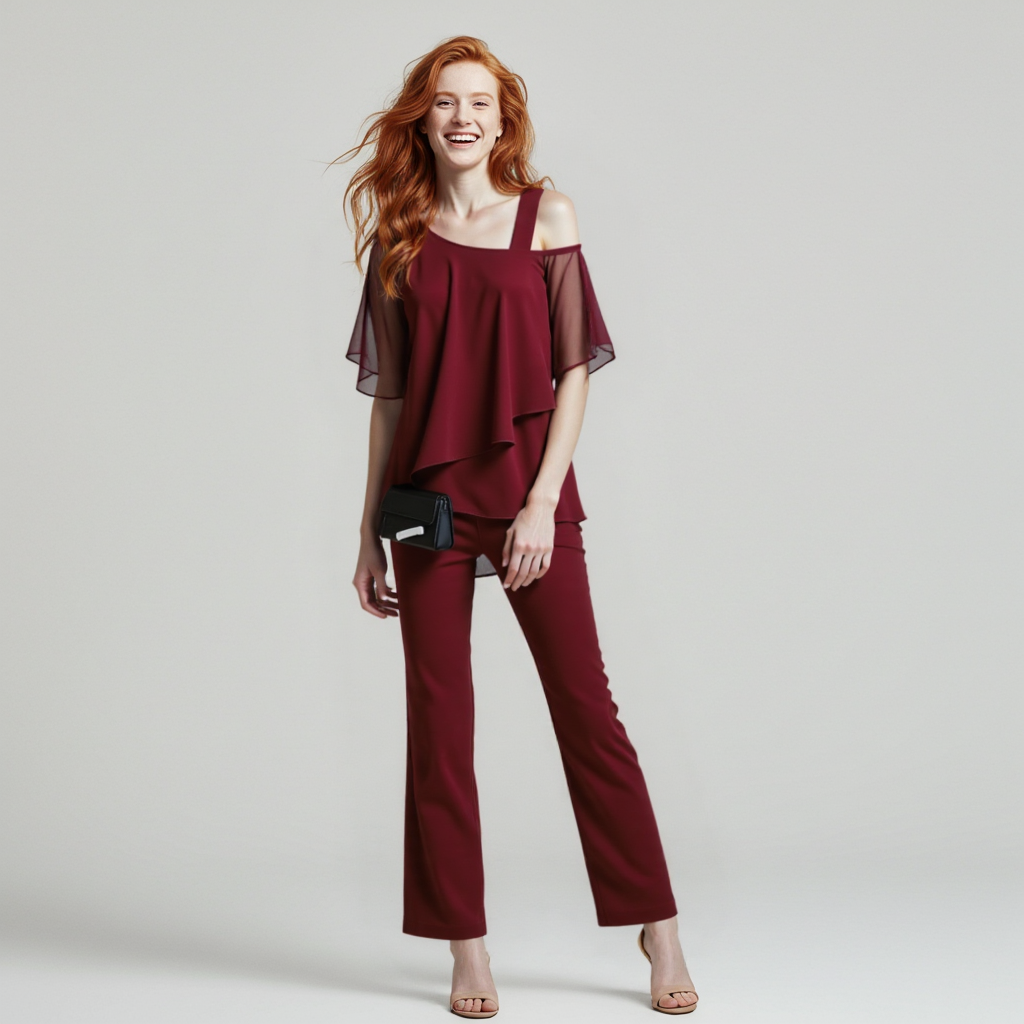 Valenzora Damen Zweiteiler | Eleganter Jumpsuit mit Cold-Shoulder-Bluse