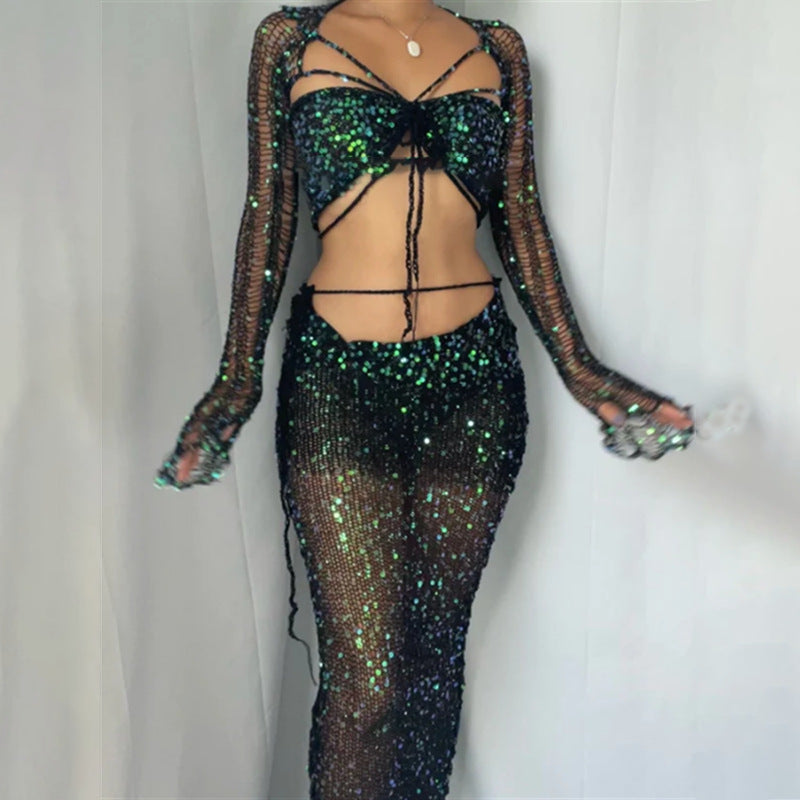 Valenzora Zweiteiliges langärmliges Pailletten-Stricktop mit Ausschnitt und Bodycon-Rock