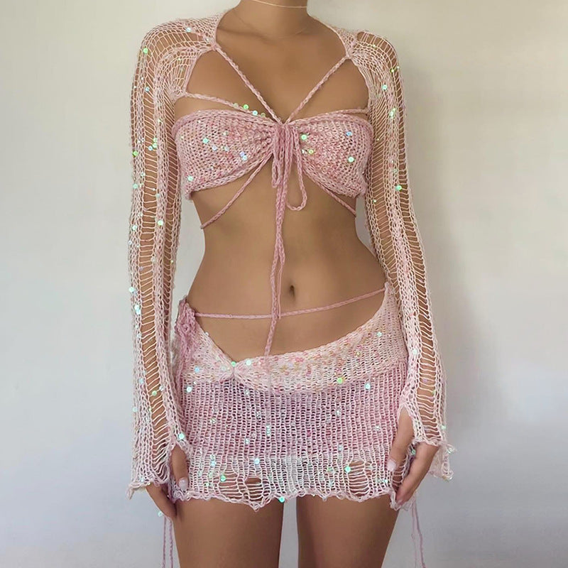 Valenzora Zweiteiliges langärmliges Pailletten-Stricktop mit Ausschnitt und Bodycon-Rock