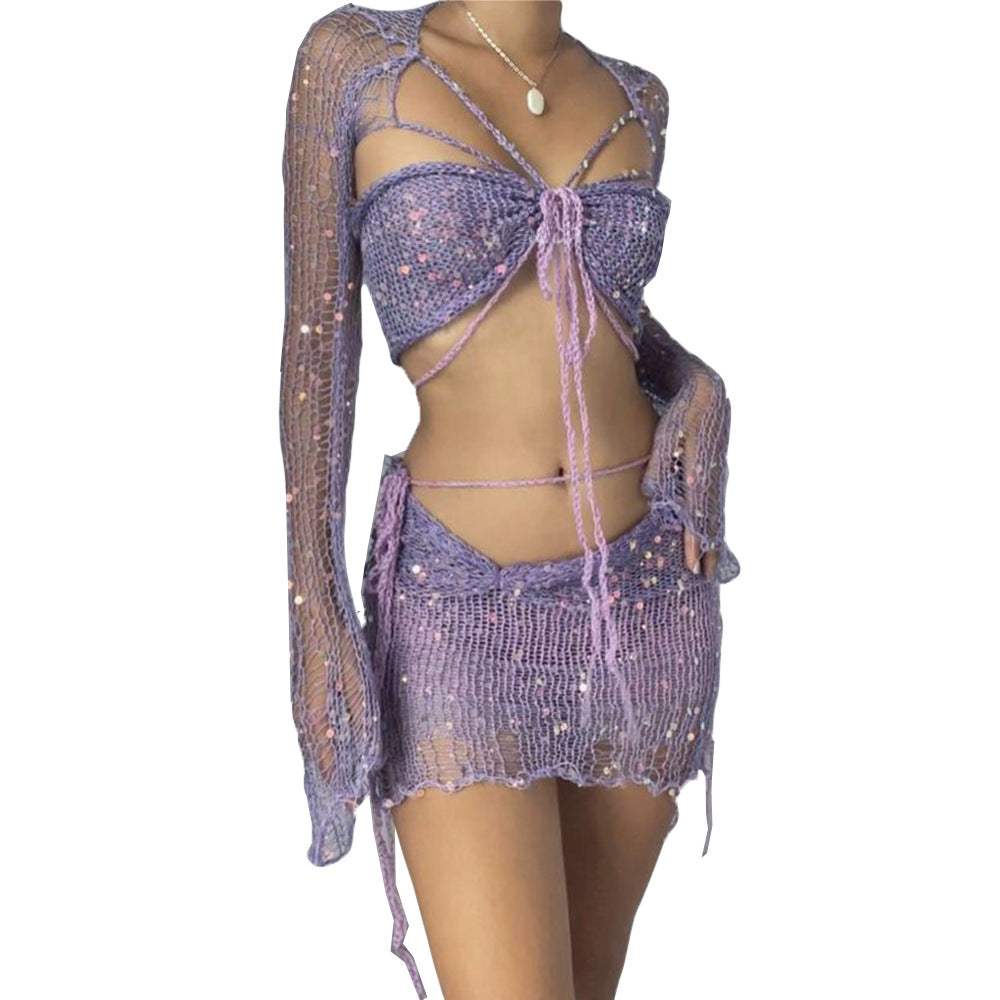 Valenzora Zweiteiliges langärmliges Pailletten-Stricktop mit Ausschnitt und Bodycon-Rock