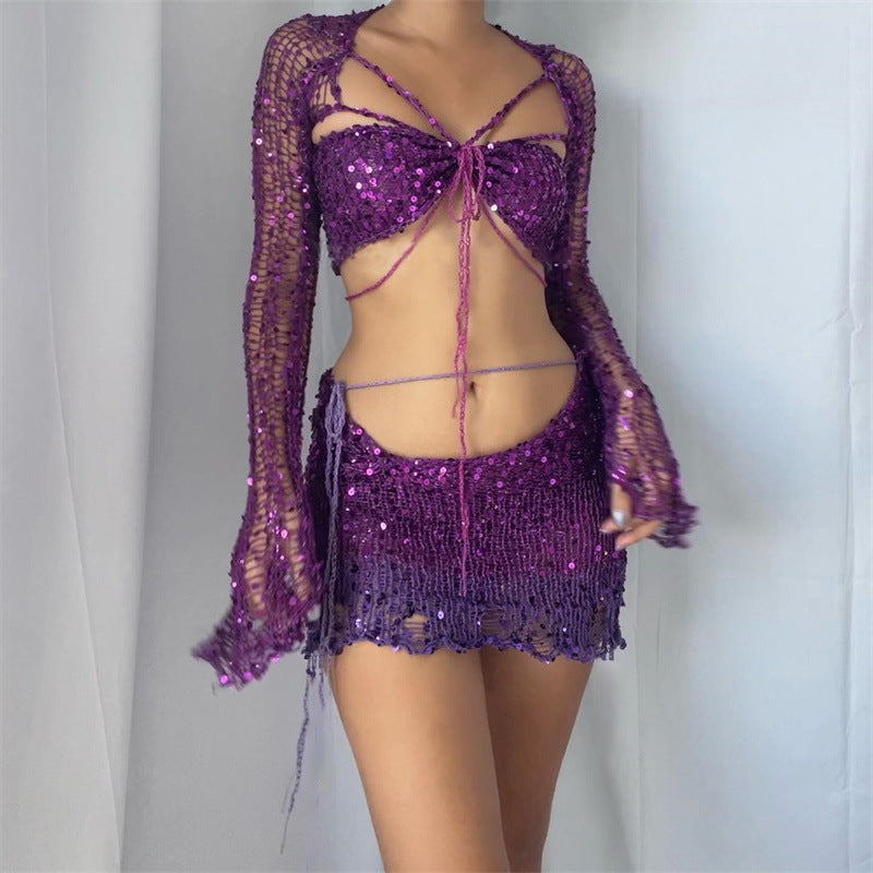 Valenzora Zweiteiliges langärmliges Pailletten-Stricktop mit Ausschnitt und Bodycon-Rock
