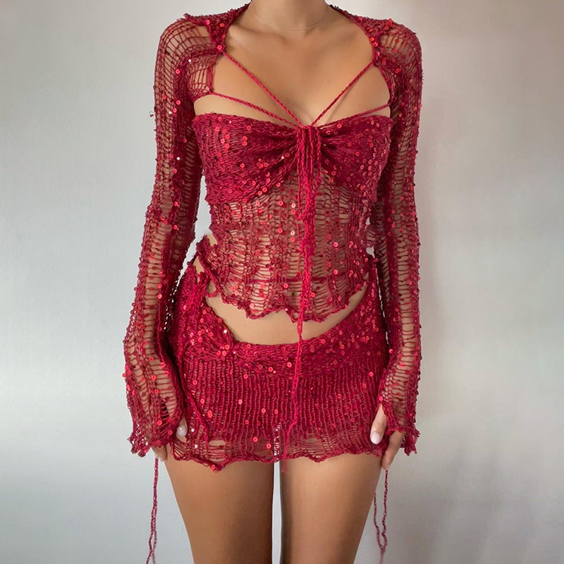 Valenzora Zweiteiliges langärmliges Pailletten-Stricktop mit Ausschnitt und Bodycon-Rock