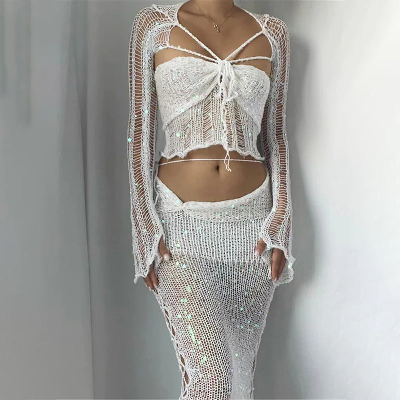 Valenzora Zweiteiliges langärmliges Pailletten-Stricktop mit Ausschnitt und Bodycon-Rock