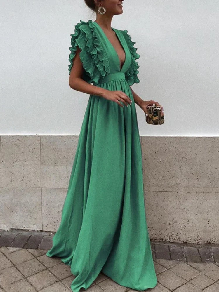 Valenzora - Elegant V-neck dress with ruffled sleeves