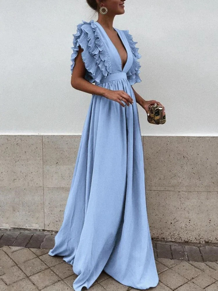 Valenzora | Elegant dress with V-neck and ruffled hems