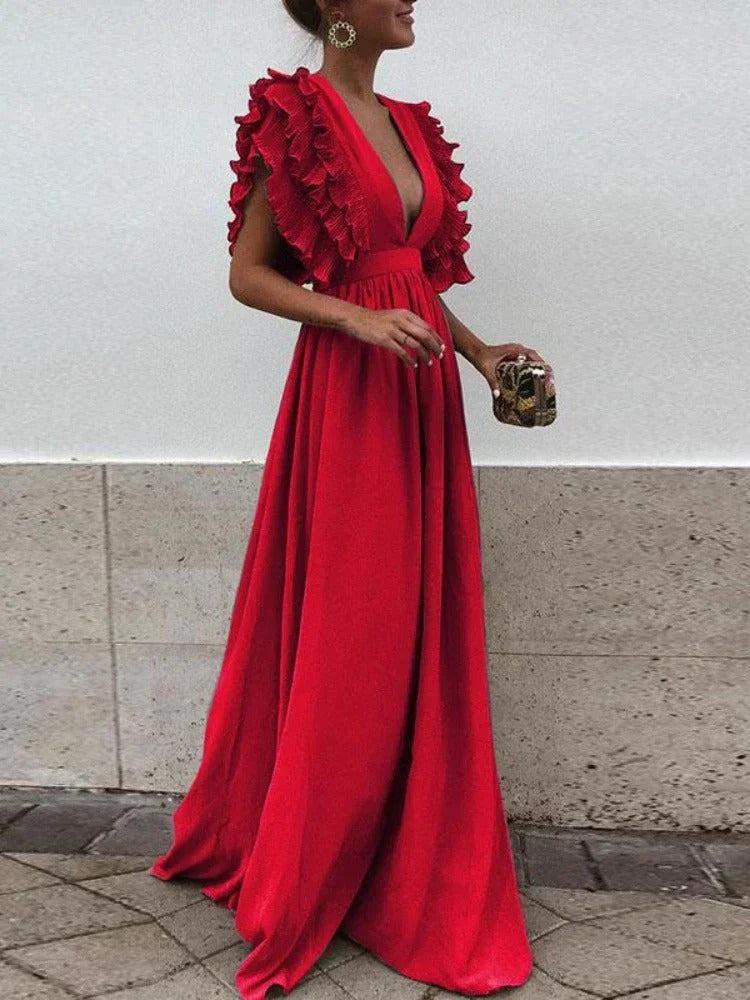 Valenzora - Elegant V-neck dress with ruffled sleeves