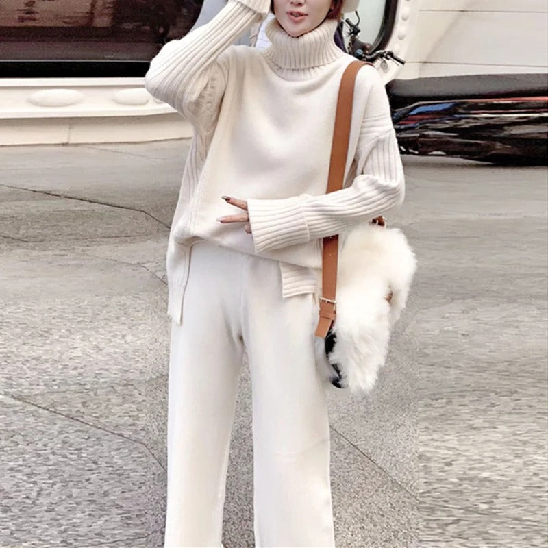Valenzora Loungewear Set | Luxurious, warm turtleneck sweater with matching oversized wool trousers