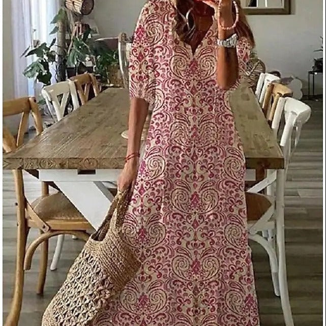 Valenzora | Maxikleid mit halben Ärmeln und V-Ausschnitt mit Blumenmuster