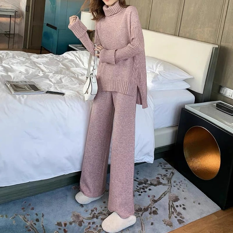 Valenzora Loungewear Set | Luxurious, warm turtleneck sweater with matching oversized wool trousers