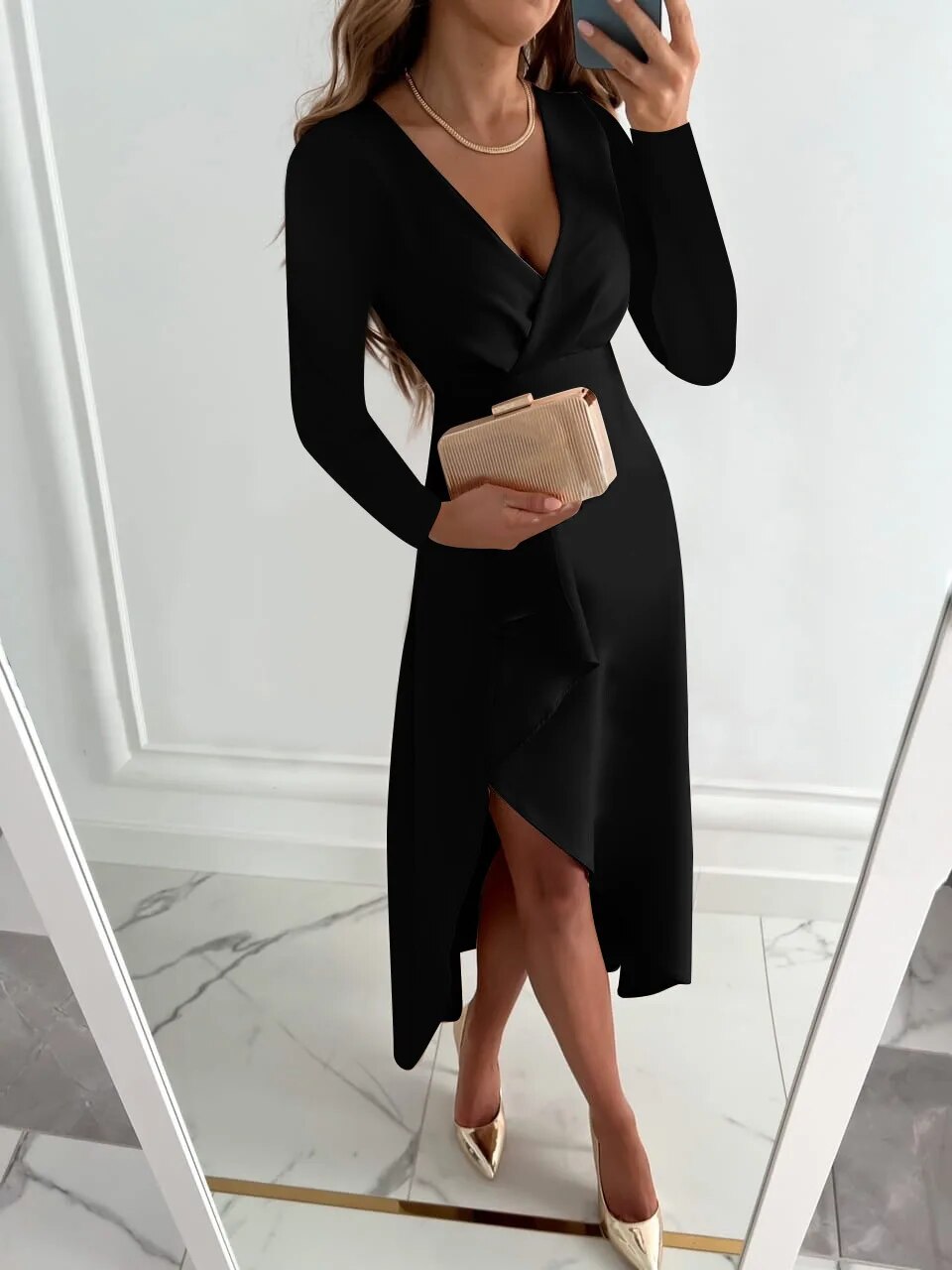 Valenzora | Elegantes Wickelkleid mit V-Ausschnitt und langen Ärmeln für Damen