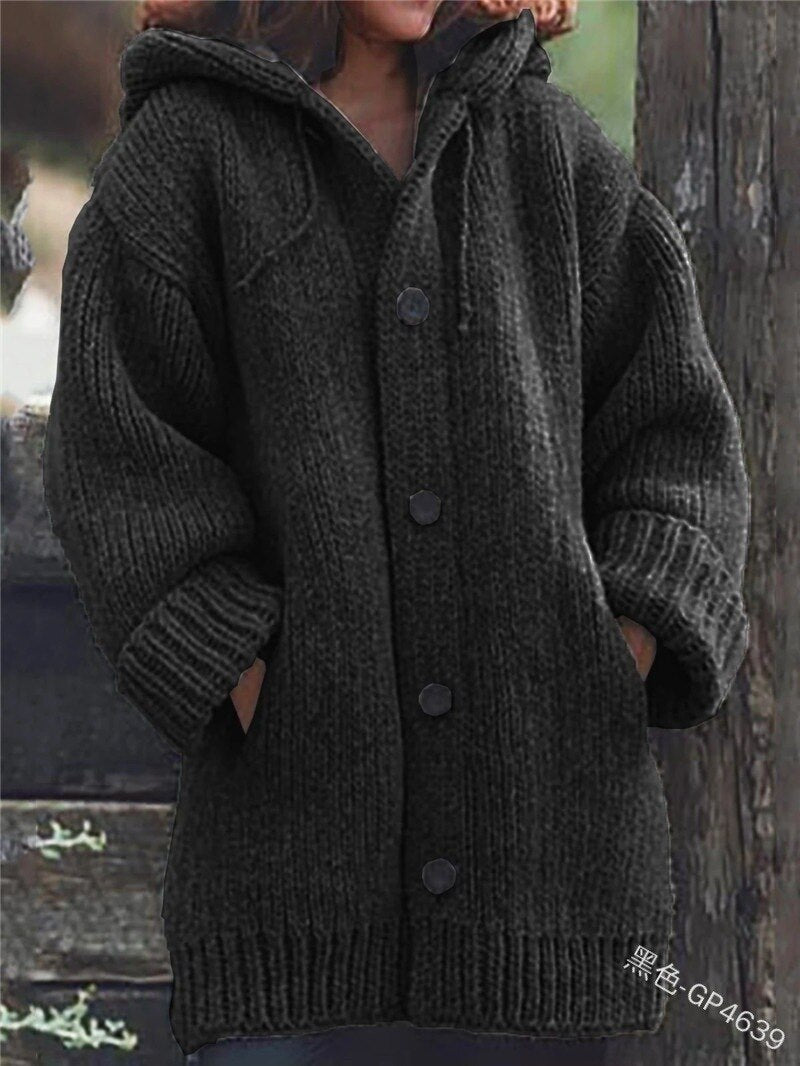 Valenzora Hutkragen Schlichte, locker sitzende Strickjacke mit langen Ärmeln