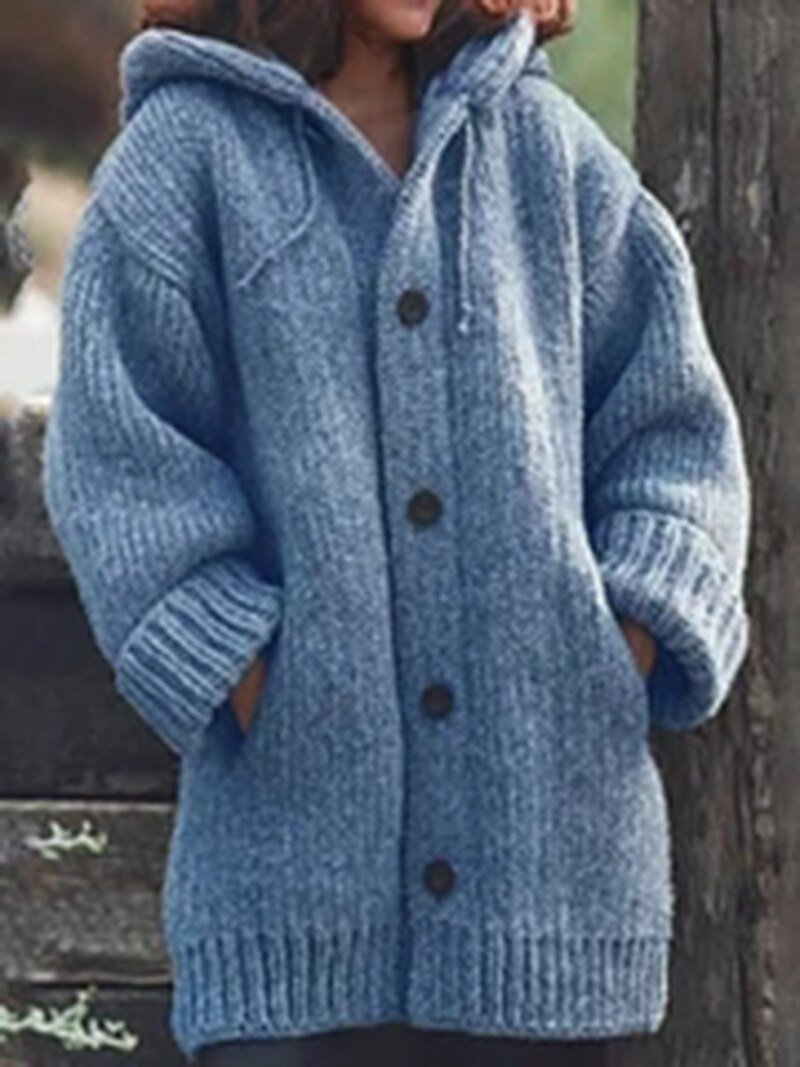 Valenzora Hutkragen Schlichte, locker sitzende Strickjacke mit langen Ärmeln