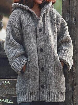 Valenzora Hutkragen Schlichte, locker sitzende Strickjacke mit langen Ärmeln