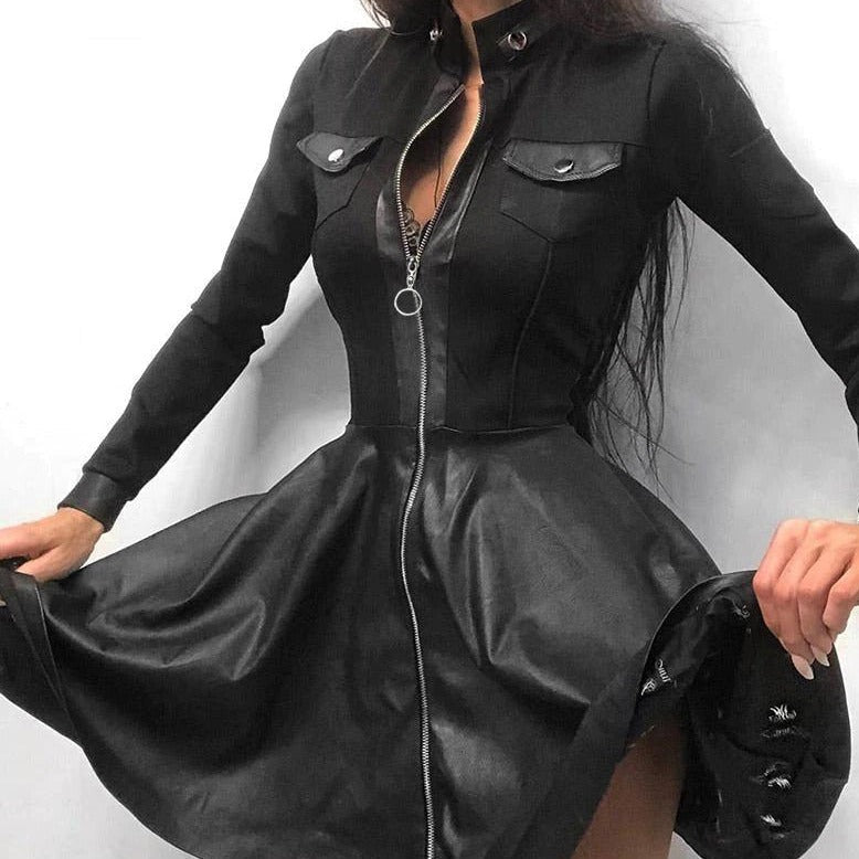 Valenzora Leather Zipper Mini Dress