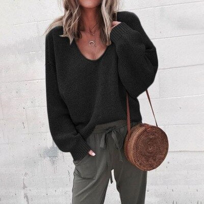 Loose V-neck knit top pullover