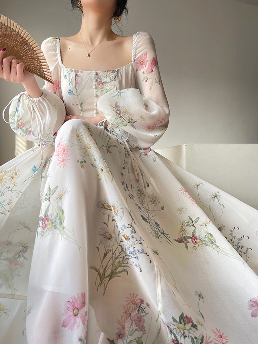 Valenzora | Damen Chiffon Langarm Off-Shoulder Midikleid
