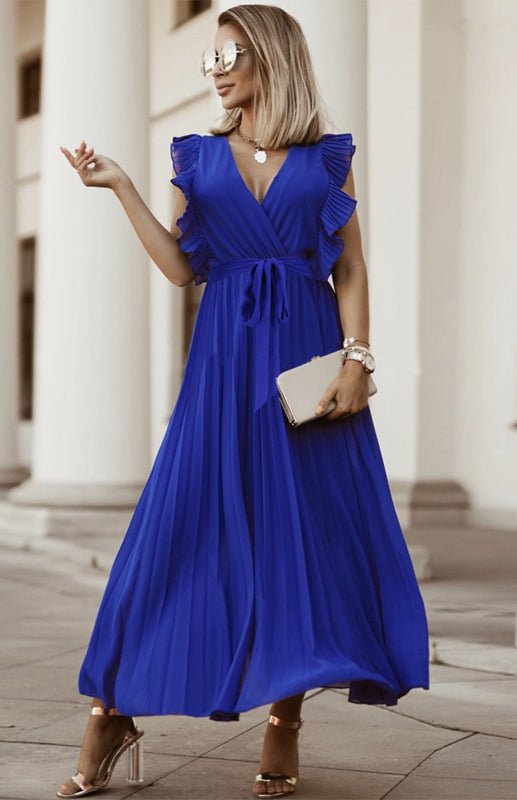 Valenzora | Women's Beach Sexy Lotus Leaf Sleeve Chiffon Pleated Skirt Solid Color Dress