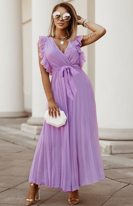 Valenzora | Women's Beach Sexy Lotus Leaf Sleeve Chiffon Pleated Skirt Solid Color Dress