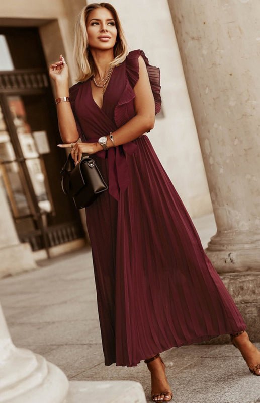 Valenzora | Women's Beach Sexy Lotus Leaf Sleeve Chiffon Pleated Skirt Solid Color Dress
